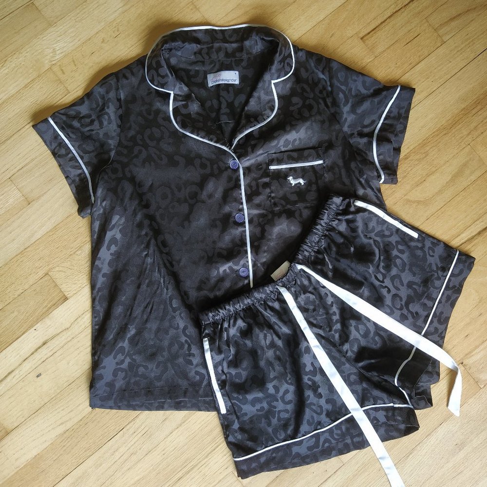 Peter Alexander Black Satin Pajama Set in Leopard Jacquard Print, Size S